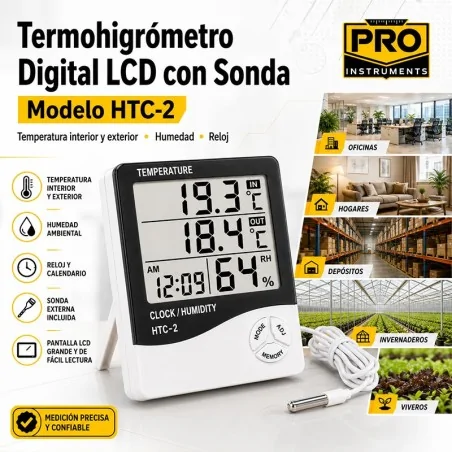 Termohigrometro Digital LCD con Sonda - Pro Instruments - HTC-2 - Temperatura y humedad interior y exterior