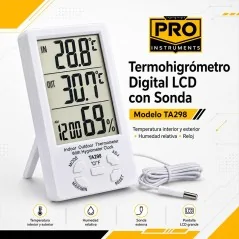 Termohigrometro Digital LCD con Sonda - Pro Instruments - TA298 - Temperatura y humedad interior y exterior