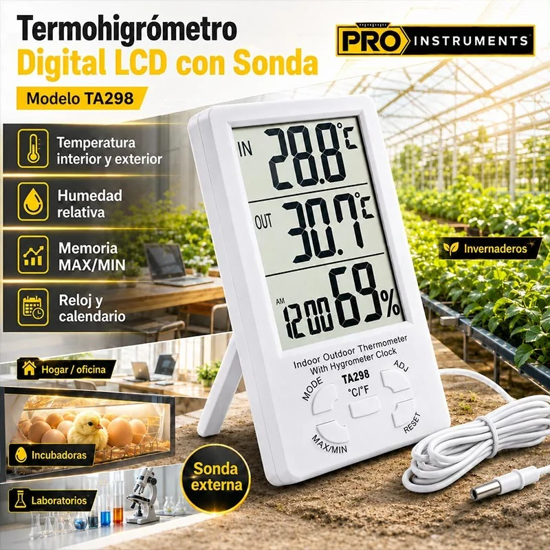Termohigrometro Digital LCD con Sonda - Pro Instruments - TA298 - Temperatura y humedad interior y exterior