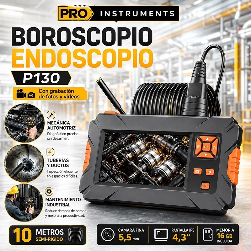 Endoscopio Boroscopio de Inspección 10 m Semirrígido con Grabación y Memoria - Pro Instruments P130 - IP67