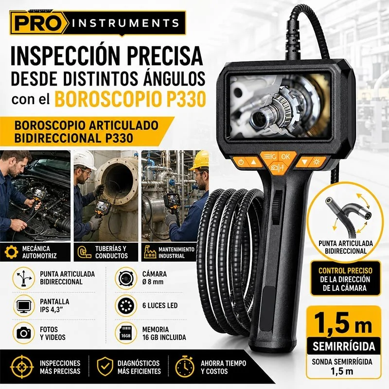 Endoscopio Boroscopio Articulado Bidireccional 1,5 m Semirrígido con Grabación y Memoria - Pro Instruments - P330 - IP67