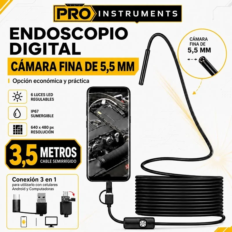 Endoscopio Digital de 3,5 metros con Cámara Fina de 5,5 mm para Android y PC – Pro Instruments - Cable Semirrigido