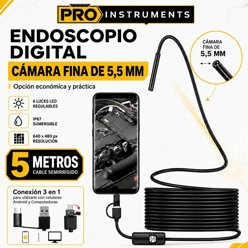 Endoscopio Digital de 5 metros con Cámara Fina de 5,5 mm para Android y PC – Pro Instruments - Cable Semirrigido