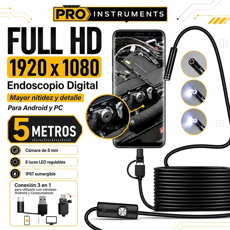 Endoscopio Digital Full HD de 5 metros para Android y PC – Pro Instruments - Cable Semirrigido