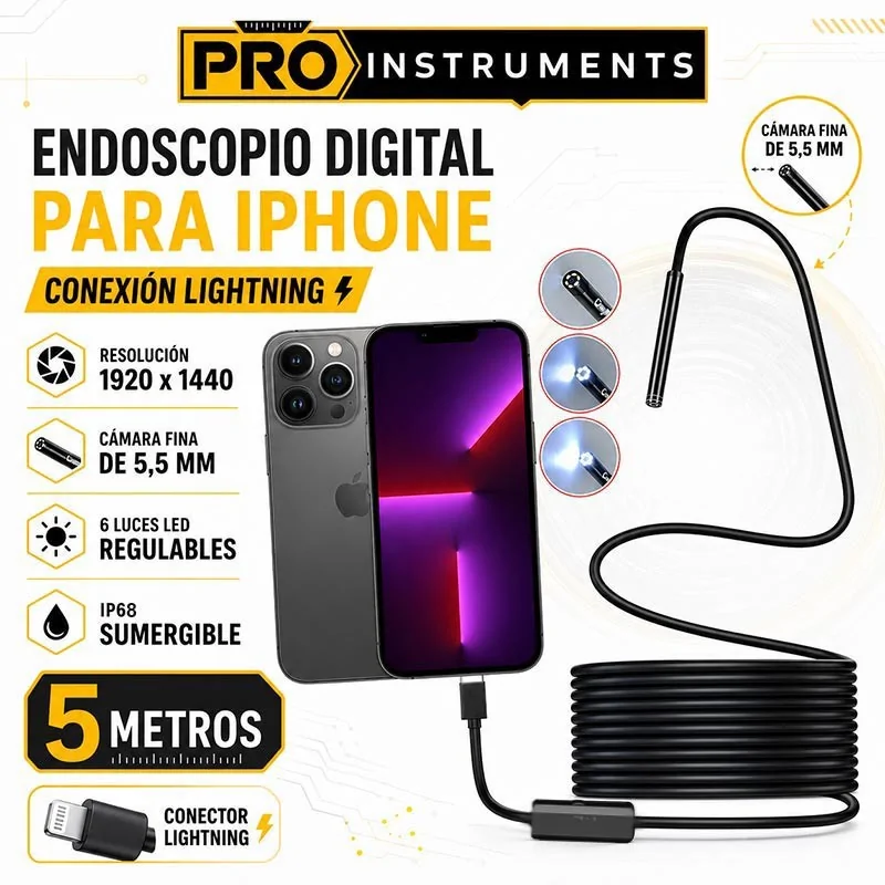 Endoscopio Digital Full HD para iPhone con Lightning de 5 metros y Cámara de 5,5 mm – Pro Instruments - Cable Semirrigido