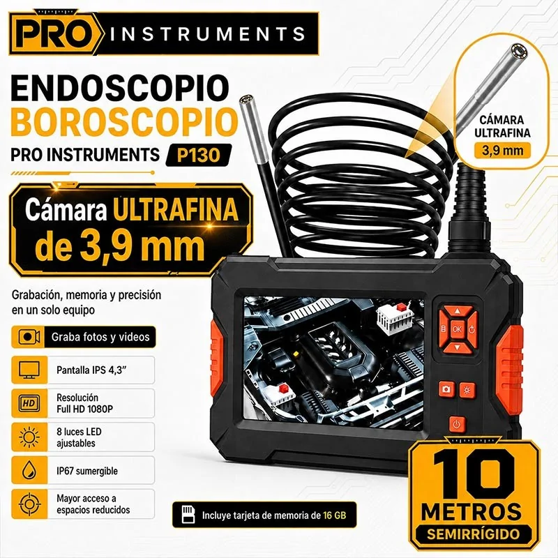 Endoscopio Boroscopio 10 m con Cámara Ultrafina 3,9 mm, Grabación y Memoria 16 GB - Pro Instruments P130 - IP67