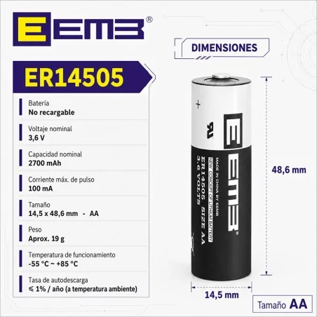 Pila - Bateria de Litio - ER14505 - EEMB - MEDIDA AA - 3.6V - 2600mAh - Unitario