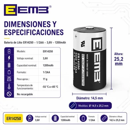 Pila - Bateria de Litio - ER14250 - EEMB - MEDIDA 1/2AA - 3,6V - 1200mAh - Unitario
