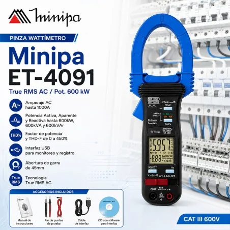 Pinza Wattímetro - Minipa - ET-4091 - True RMS AC / Pot. 600 kW