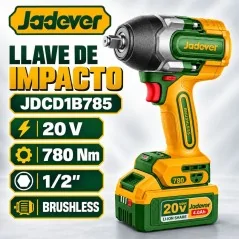 Llave de Impacto 1/2 pulg. 780 Nm Brushless 20 V - JADEVER JDCD1B785 - Incluye Bateria y Cargador
