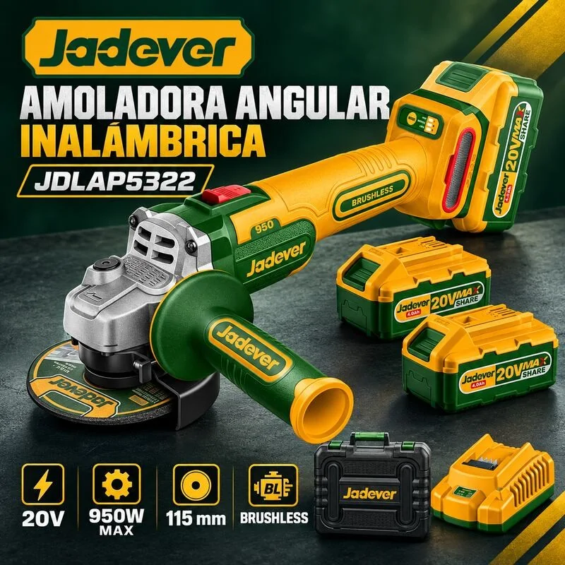 Amoladora Angular Inalámbrica Brushless 20V 115mm 950W - JADEVER JDLAP5322 - Incluye Bateria y Cargador