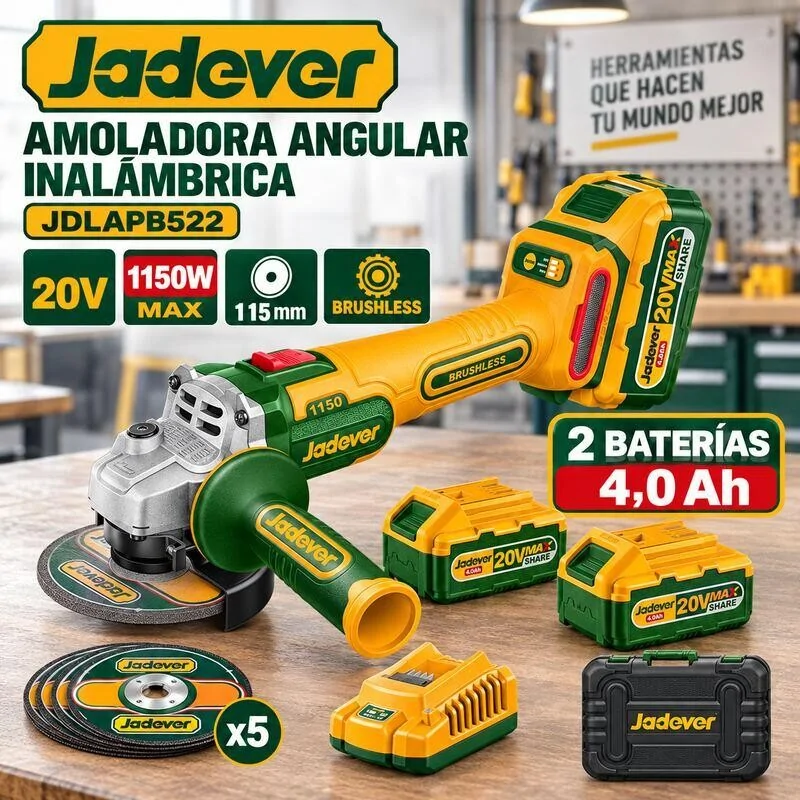 Amoladora Angular Inalámbrica Brushless 20V 115mm 1150W - JADEVER JDLAPB522 - Incluye Bateria y Cargador