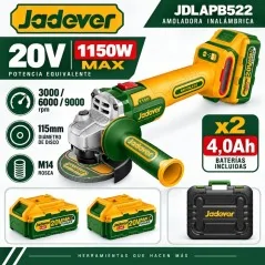 Amoladora Angular Inalámbrica Brushless 20V 115mm 1150W - JADEVER JDLAPB522 - Incluye Bateria y Cargador