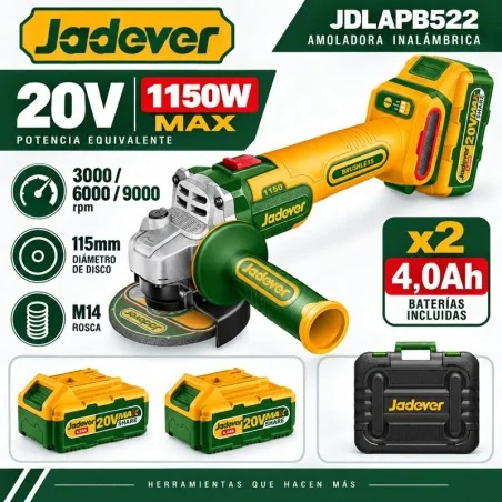 Amoladora Angular Inalámbrica Brushless 20V 115mm 1150W - JADEVER JDLAPB522 - Incluye Bateria y Cargador