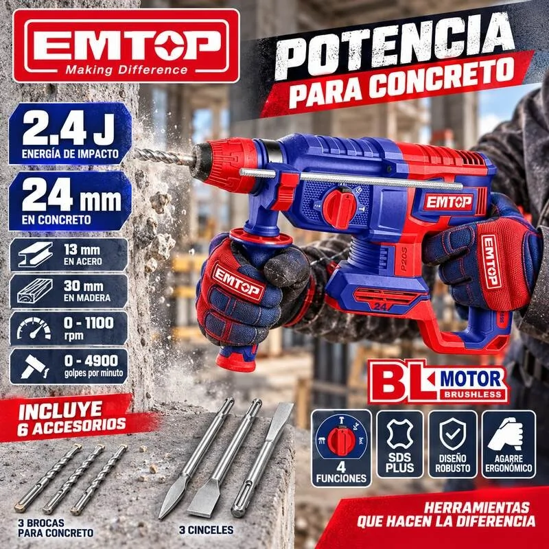 Rotomartillo SDS-Plus 24mm 2.4J Brushless 20V - EMTOP - ELRH20248 - No Incluye Bateria
