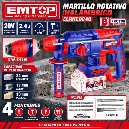 Rotomartillo SDS-Plus 24mm 2.4J Brushless 20V - EMTOP - ELRH20248 - No Incluye Bateria