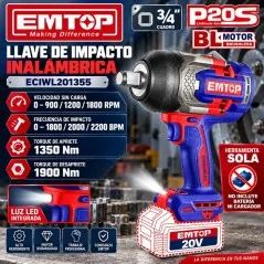 Llave de Impacto 3/4" Brushless 1350Nm 20V - EMTOP - ECIWL201355 - No Incluye Bateria