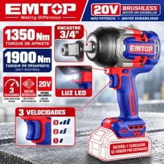 Llave de Impacto 3/4" Brushless 1350Nm 20V - EMTOP - ECIWL201355 - No Incluye Bateria