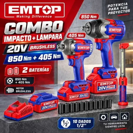Combo 2 Llaves de Impacto + Lampara Brushless 20V - EMTOP - EOSLI241195 - Incluye Bateria y Cargador