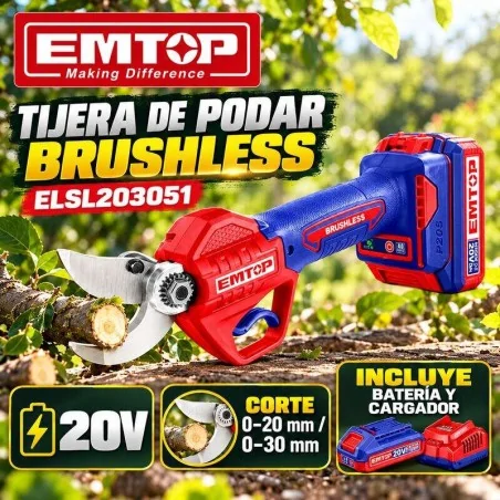 Tijera de Podar Brushless 20V - EMTOP - ELSL203051 - Incluye Bateria y Cargador