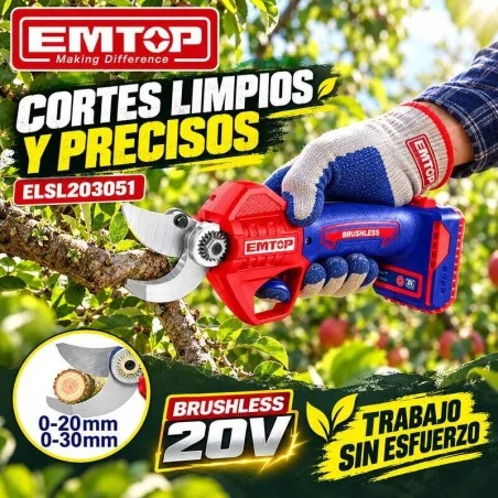 Tijera de Podar Brushless 20V - EMTOP - ELSL203051 - Incluye Bateria y Cargador