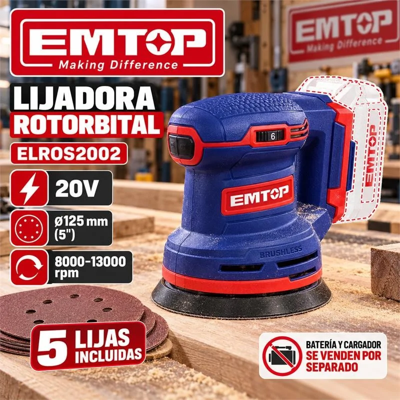 Lijadora Roto-Orbital 20V 125mm + 5 Lijas EMTOP ELROS2002 - No Incluye Bateria