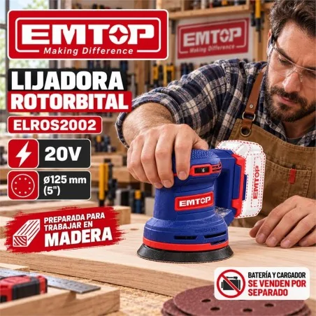 Lijadora Roto-Orbital 20V 125mm + 5 Lijas EMTOP ELROS2002 - No Incluye Bateria
