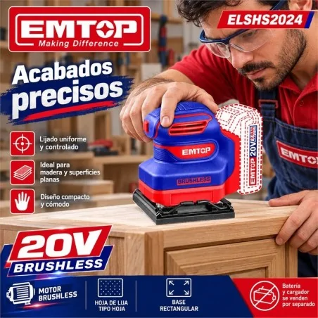Lijadora Orbital 20V Brushless - EMTOP - ELSHS2024 - No Incluye Bateria