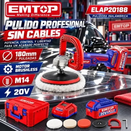 Pulidora 180mm BL + Accesorios - EMTOP - ELAP20188 - Incluye Bateria y Cargador
