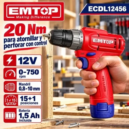 Taladro Atornillador 10mm 20Nm 12V - EMTOP - ECDL12456 - Incluye Bateria