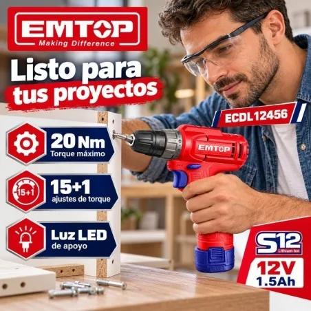 Taladro Atornillador 10mm 20Nm 12V - EMTOP - ECDL12456 - Incluye Bateria